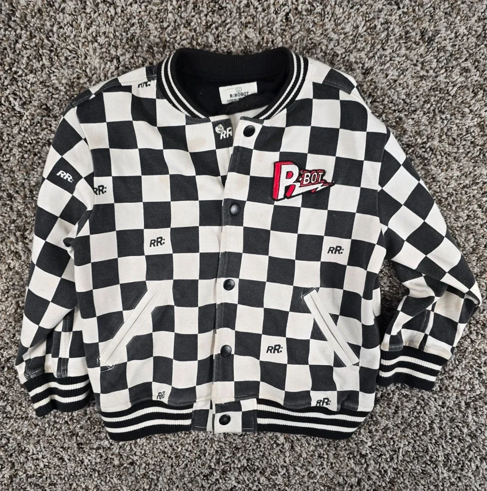 R.Robot checkered varsity jacket Streetwear Boys Sz 120 US 6-7 Black White